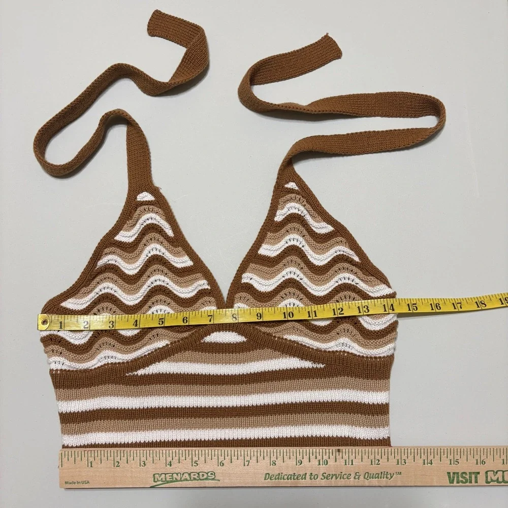 No Boundaries Chevron Striped Crochet Halter Crop Top Size M Brown Boho Festival